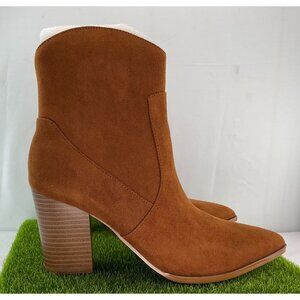 Brown Suede Pointed Toe Block Heel Ankle Boots With Side Zipper - Size 38